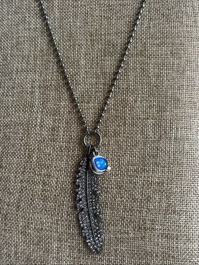 Silver-Tone Feather Pendant Necklace with Blue Accent Charm